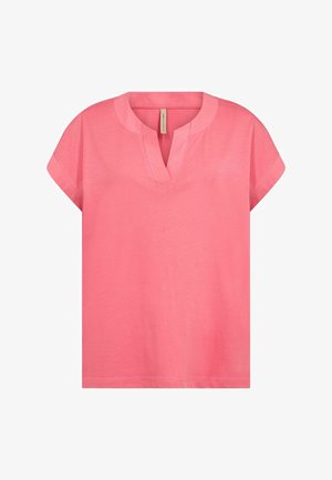 Short-sleeve coral pink blouse with a split V-neck and relaxed fit, designed for casual wear.