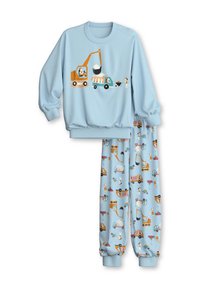 Sweatshirt bleu pour enfants avec un motif sur le thème de la construction, associé à un pantalon présentant divers imprimés de véhicules de chantier. Tissu doux, coupe décontractée.
