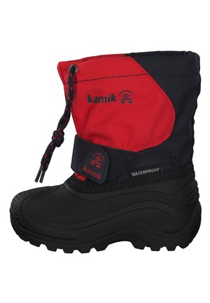 Botte d'hiver imperméable pour enfant en noir et rouge avec logo Kamik et cordon de serrage réglable en haut.