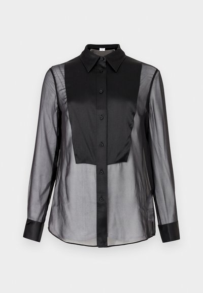 Black button-up shirt with a sheer front and solid black panels. Features a collared neck, long sleeves, and a smooth texture.