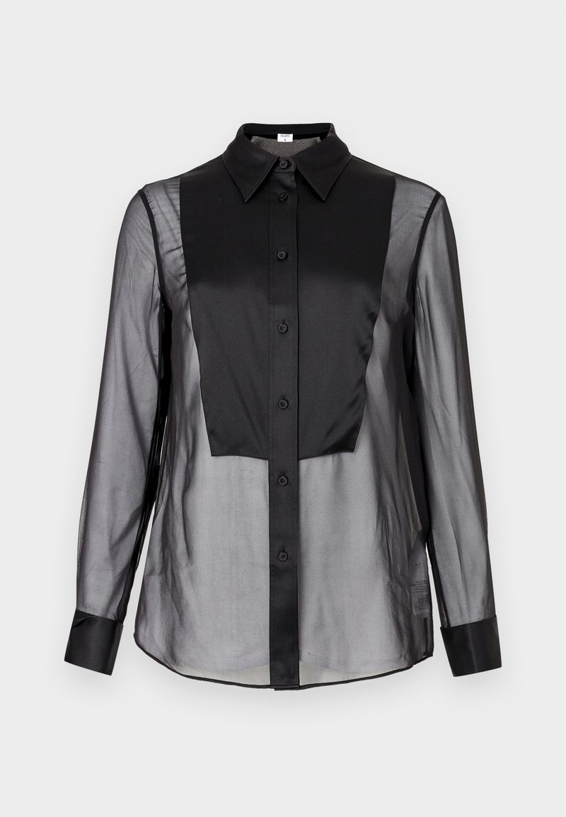 Black button-up shirt with a sheer front and solid black panels. Features a collared neck, long sleeves, and a smooth texture.
