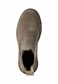 Grå mocka ankelboot med elastiska sidopaneler, rund tå och ljusa sömmar. Har ett mjukt inre foder och en strukturerad sula.