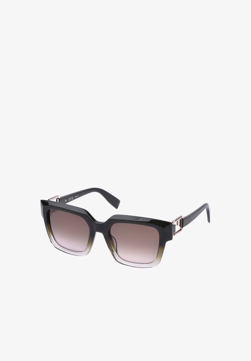 Lunettes de soleil noires à monture carrée avec verres dégradés marron et accents métalliques dorés sur les branches.