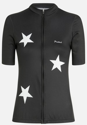 Black short-sleeve top with a zip front. Features white star patterns and "Protest" logo, made from breathable fabric with a textured surface.