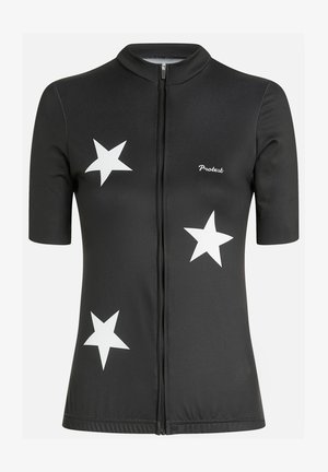 Black short-sleeve top with a zip front. Features white star patterns and "Protest" logo, made from breathable fabric with a textured surface.