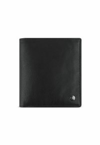 Zwarte leren portemonnee met een gestructureerd oppervlak, bi-fold ontwerp en een klein metalen accent logo op de voorkant. Eenvoudig en functioneel uiterlijk.