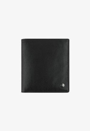 Schwarze Lederbörse mit strukturierten Oberflächen, im Querformat und mit einem kleinen Metall-Logo auf der Vorderseite. Schlichtes und funktionales Design.