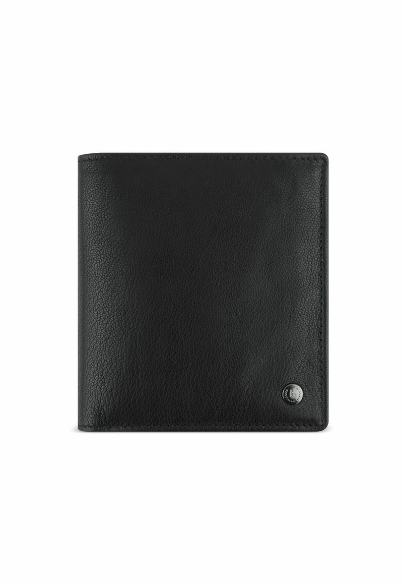 Zwarte leren portemonnee met een gestructureerd oppervlak, bi-fold ontwerp en een klein metalen accent logo op de voorkant. Eenvoudig en functioneel uiterlijk.
