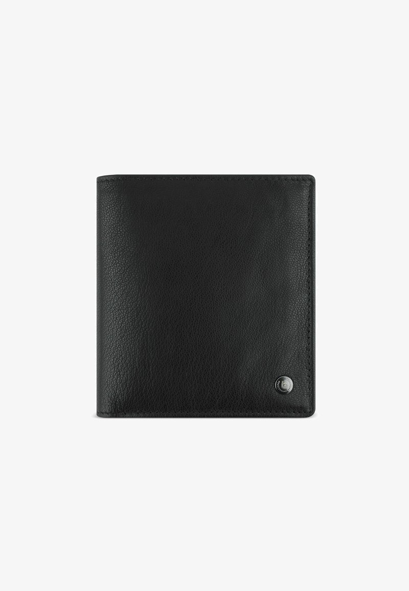 Portafoglio in pelle nera con superficie testurizzata, design a doppia piega e un piccolo logo in metallo sul fronte. Aspetto semplice e funzionale.
