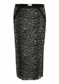 Gonna midi con stampa leopardata, con bordo in pizzo nero in vita e ai lati, taglio dritto e tessuto leggero.