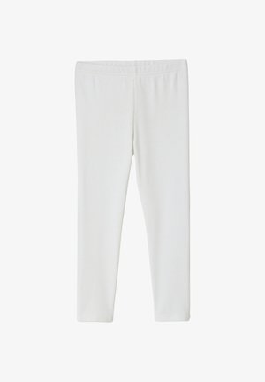 Weiße Leggings mit elastischem Bund aus einem schlichten, glatten Stoff mit enger Passform und knöchellangem Schnitt.