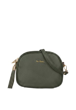 Donkergroene leren crossbodytas met gouden ritssluiting, kwastje detail en verstelbare band.