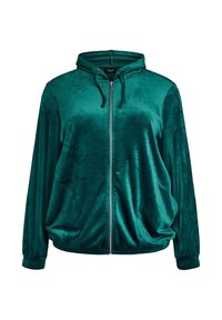 Felpa con zip in velluto teal, dotata di cappuccio, evidenziata da polsini e orlo elasticizzati, e tasche laterali, caratterizzata da una trama liscia e morbida.