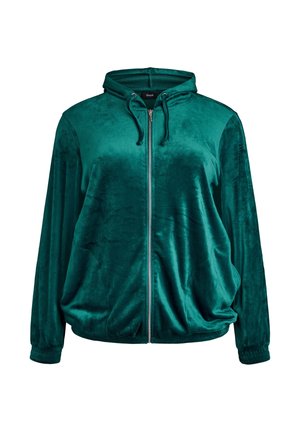 Velvet teal zip-up hoodie med hætte, fremhævet af elastiske manchetter og bund, samt sidelommer, der har en glat, blød tekstur.