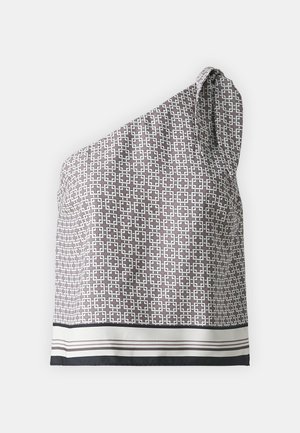 Asymmetrisches ärmelloses Top aus strukturiertem Stoff, mit geometrischem Muster in Braun und Weiß und einem kontrastierenden gestreiften Saum.