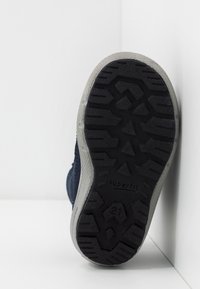 Marineblaue Schuhe mit strukturiertem Obermaterial, graue Gummisohle mit Profilmuster und Branding; leichte Böschung an der Ferse. Größe 21.