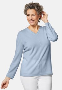 Helles, blaues, langärmliges Sweatshirt aus weichem Material mit V-Ausschnitt und subtilen diagonalen Nahtdetails. Kombiniert mit weißen Hosen.