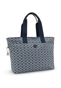 Marinblå shoppingväska med ett geometriskt vitt mönster, av tygmaterial, med dubbla handtag och en dekorativ silverberlock fäst.