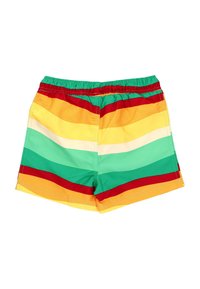 Barevné plavky s horizontálními pruhy v zelené, žluté, červené a bílé barvě. Elastický pas s uvolněným střihem. Lehký materiál.