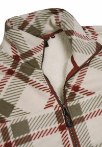 Fleece-Pullover mit halben Reißverschluss-Kragen, in einer cremefarbenen Basis mit roten und grünen Karomustern. Weiche Textur mit einem glatten Reißverschluss.