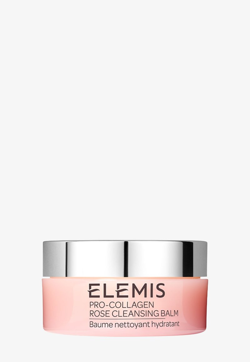 Beholder af Elemis Pro-Collagen Rose Cleansing Balm med sølvlåg og pink krop, frontetiket synlig.