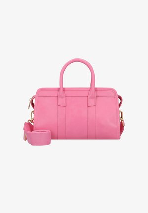 Bolso de piel rosa con asas dobles y una correa de hombro desmontable. Presenta acentos de costura y un zipper en tono dorado.