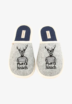 Gray slip-on slippers with navy insoles featuring a deer wearing glasses and a striped shirt, with the text "PLATZ hirsch" embroidered.