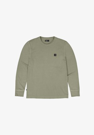 Langärmliges Hemd in Olivgrün, aus weicher Baumwolle, mit Rundhalsausschnitt, gerippten Manschetten und einem kleinen schwarzen Logopatch auf der Brust.