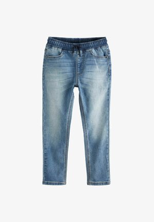 Helle blaue Jeans mit einem elastischen Bund, zwei Fronttaschen und einem verblassten Finish. Merkmale sind genähte Details entlang der Nähte.