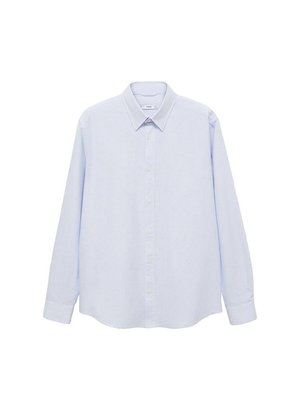 Light blue long-sleeve shirt with a button-down collar, made of woven fabric, featuring subtle vertical stripes and standard cuffs.