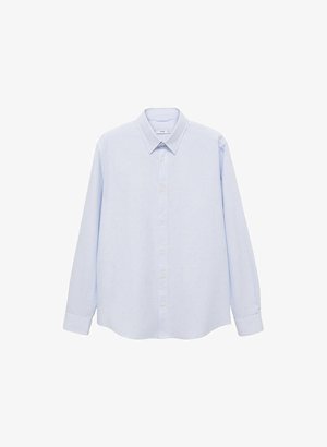 Light blue long-sleeve shirt with a button-down collar, made of woven fabric, featuring subtle vertical stripes and standard cuffs.