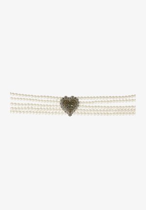 Multiple strands of white pearls with a decorative heart-shaped silver clasp featuring intricate detailing and a central gemstone.