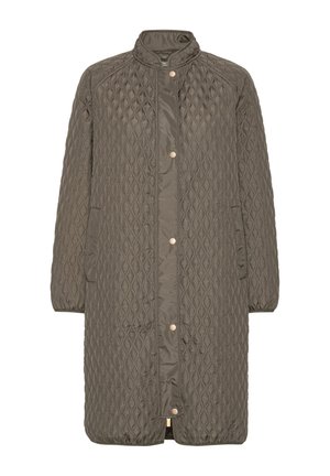 Langer olivgrüner gesteppteter Mantel mit Stehkragen, Druckknopfverschluss, Seitentaschen und elastischen Bündchen.