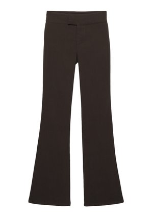 Rjave razširjene hlače iz gladkega, raztegljivega materiala. Imajo raven pas in subtilne šive spredaj. Brez žepov in okraskov.