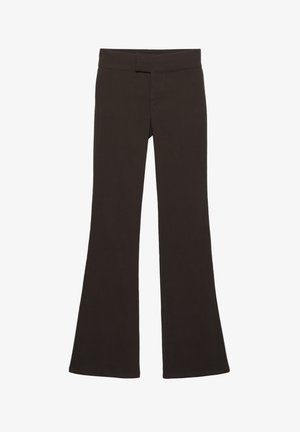 Rjave razširjene hlače iz gladkega, raztegljivega materiala. Imajo raven pas in subtilne šive spredaj. Brez žepov in okraskov.