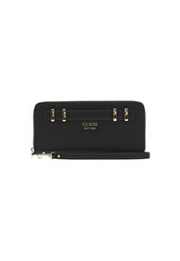 Black Guess zip-around wallet with gold-tone hardware, logo text "GUESS EST 1981," and detachable wrist strap.