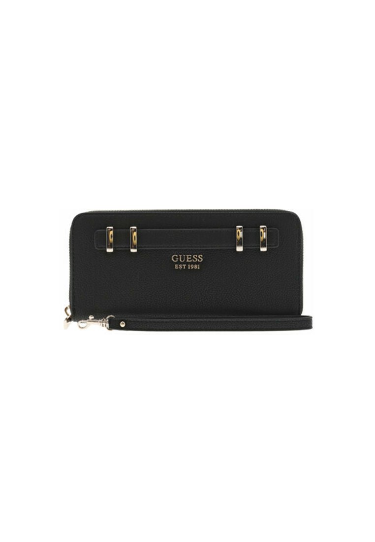 Black Guess zip-around wallet with gold-tone hardware, logo text "GUESS EST 1981," and detachable wrist strap.