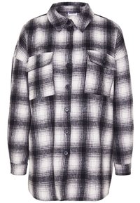 Svart och vit rutig skjorta, tillverkad av mjukt tyg, har en krage, två framfickor och knäppningar längs framsidan.