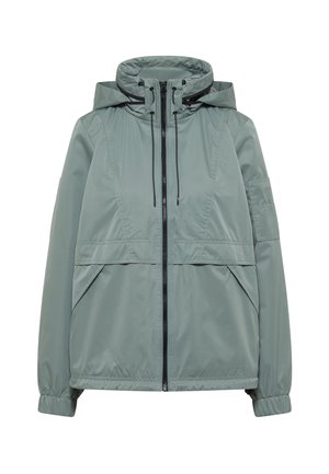 Veste à capuche vert clair avec fermeture éclair à l'avant, cordons de serrage, manches longues avec poignets élastiques et deux poches avant inclinées.