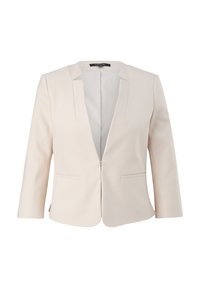Blazer pour femme couleur crème avec coupe cintrée, manches trois-quarts, col cranté et fermeture éclair à l'avant.