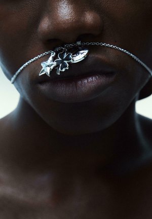 Close-up of lips with a silver chain looped under the nose, featuring bird, clover, and leaf-shaped pendants hanging from it.