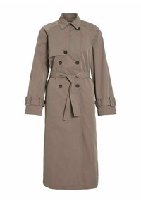 Trench coat marrone con vita legata, chiusura doppio petto, colletto a revers e polsini abbottonati. Realizzato in tessuto liscio e resistente all'acqua.