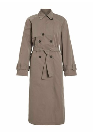 Trench coat marrone con vita legata, chiusura doppio petto, colletto a revers e polsini abbottonati. Realizzato in tessuto liscio e resistente all'acqua.