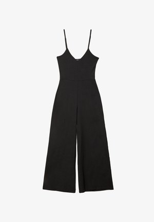 Black jumpsuit with thin straps, V-neckline, tailored bodice, and wide leg design. Made from smooth fabric with no visible patterns or accents.