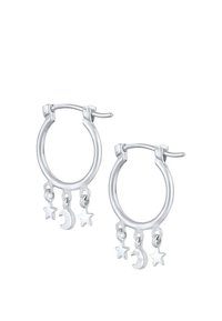 Silverhänge i form av hoopörhängen med hängande charm i form av stjärnor och månar, polerad yta, med en minimalistisk design och säker låsning.
