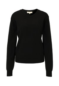 Černý pletený svetr s dlouhými rukávy, kulatým výstřihem, žebrovanými manžetami a mírně pružnou texturou. Bez viditelných vzorů nebo kovových prvků.