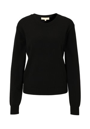 Černý pletený svetr s dlouhými rukávy, kulatým výstřihem, žebrovanými manžetami a mírně pružnou texturou. Bez viditelných vzorů nebo kovových prvků.