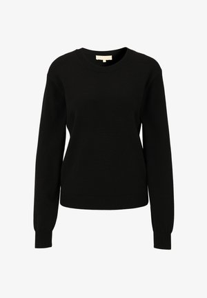 Pull en tricot noir à manches longues, col rond, poignets côtelés et texture légèrement flexible. Aucune décoration ou accessoire visible.