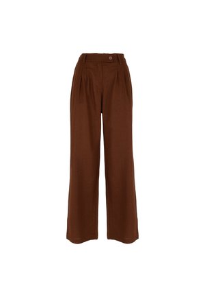 Pantaloni marroni a vita alta e gamba larga con pieghe frontali e chiusura con bottoni, mostrati su sfondo bianco.