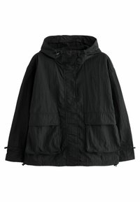 Giacca nera con cappuccio realizzata in un tessuto leggero e testurizzato. Presenta due grandi tasche frontali e cordini regolabili sia sul cappuccio che sull'orlo.